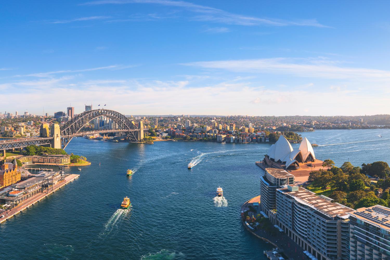 Sonne geht über Sydney Harbour und Circular Quay , Sydney